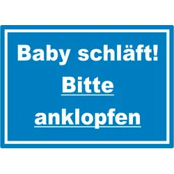 Das Baby schläft Bitte anklopfen Aufkleber mit Text blau-weiss A1 (594x841mm)