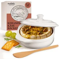 Muldale Camembert Backform mit Deckel Geschenk-Set – Camembert Käsebacker in Weiß – Brie Backform – Keramik Camembert Baker – 14 cm – mit Streuer und Box