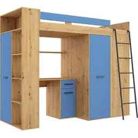 FurnitureByJDM Hochbett mit Schreibtisch, Kleiderschrank und Bücherregal - VERANA R - (Eiche Artisan/Blau)