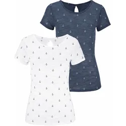 T-Shirt BEACHTIME, Damen, Gr. 32/34, blau (marine, weiß), Obermaterial: 90% Polyester, 10% Leinen, gemustert, casual, bequem, Rundhals, Kurzarm, Shirts, mit maritimem Anker-Druck