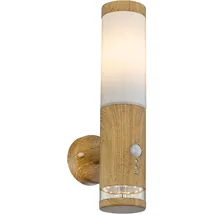 GLOBO Aussenleuchte Außenlampe Bewegungsmelder Edelstahl mit Bewegungsmelder Wandlampe Aussen Edelstahl, Holz Optik mit Deko Led, 1x E27, Bxh 8,5 x 35 cm