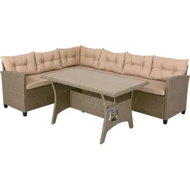 CASARIA Polyrattan Ecklounge Set WPC Esstisch Ecksofa 2 Gartenstühle Sitzauflagen Kissen Wetterfest Outdoor Lounge Garten Terrasse Balkon Möbel