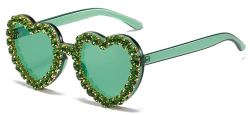 TICHEROMU Vintage Herz Brille, 70er Jahre Trendy Diamant Herz Strass Sonnenbrille für Mädchen Frauen Strand Party Cosplay, grün, Large