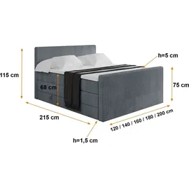 altdecor Boxspringbett TOLO-Z KING 180x200 cm - Cord - Grau - Komplett-Set mit H3 und H4 Matratzen und Topper, Polsterbett mit Bettkästen, Lattenr... - Grau
