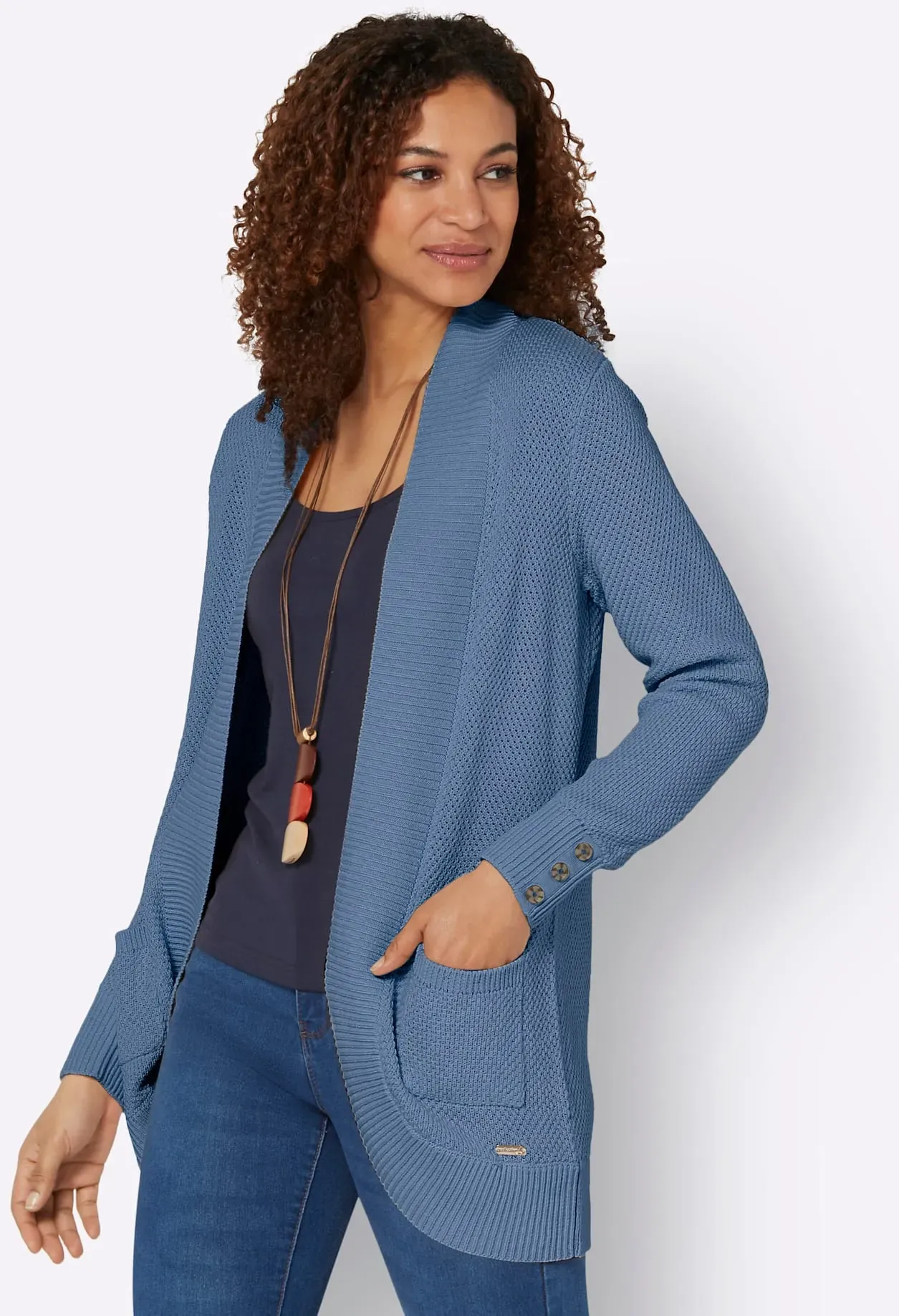 Strickjacke CASUAL LOOKS, Damen, Gr. 52, blau (mittelblau), 50% Baumwolle, 50% Polyacryl, unifarben, Strickjacken Strickjacke