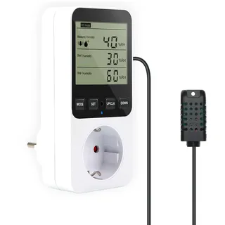 AIFIZO Hygrostat Steckdose mit Fühler, Feuchteregler 16A 230V für Luftbefeuchter Luftentfeuchter Pilz Terrarium, 20~99% RH, -10°C~50°C, Feuchtigkeitsregler Temperaturregler mit Alarm