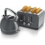 Arendo Frühstücks Set Edelstahl Wasserkocher 1,7l, Retro-Look & 4-Scheiben Doppelschlitz Toaster, Grau, Wasserkocher, Grau