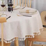 SUCHDECO Tischdecke Rund 150 cm Tischdecke Beige Leinen Baumwolle Tischdecke Runde Abwaschbar Knitterfrei Tischtuch mit Quasten für Küche, Esszimmer, Esstisch, Couchtisch, Gartentisch