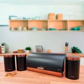 Briebe BB1161BLKM Set aus Brotkasten +3 Küchenvorratsdosen aus Robustem Edelstahl Modernes Design, Mattschwarz/Rosegold