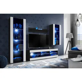 komodee Wohnwand Wohnzimmerset Tivoli Medio, Weiß/Schwarz, Breite 245cm x Höhe 159cm x Tiefe 35cm, LED Blau, für Wohnzimmer, Schlafzimmer
