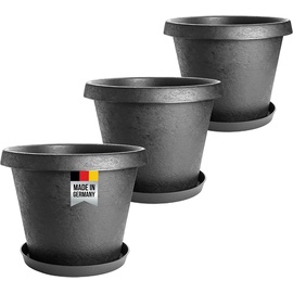 Centi 3er Set Pflanzkübel groß außen, Blumentopf Gross 40 cm mit Untersetzer, Blumenkübel Blumentopf Pflanztopf groß, extra stabil innovatives Stone-Design, Anthrazit, Model Keni, Made in Germany