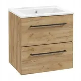 DEFTRANS Badezimmerschrank mit Waschbecken 50 cm hängend, Eiche, mit sanftem Verschluss,