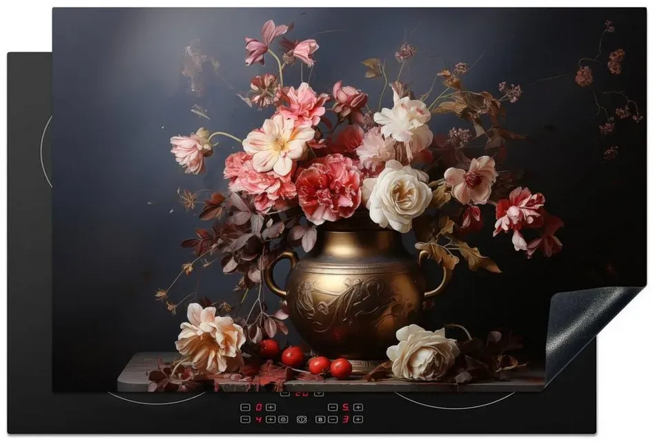 MuchoWow Herdblende-/Abdeckplatte Stilleben - Blumen - Rosen - Blumenstrauß - Vase, Vinyl, (1 tlg), 81x52 cm, Ceranfeldabdeckung, Arbeitsplatte für küche bunt