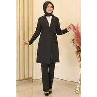 Modavitrini Hosenanzug Damen Zweiteiler – Langarm Long-Sakko mit Hose – Modest Fashion (eleganter Outfit) mit Reverskragen schwarz 52 (EU 50)