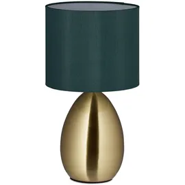 Relaxdays Nachttischlampe mit Touch, moderne Tischlampe, HxD: 34x18 cm, E14, Tischlampe mit Stoffschirm, gold/dunkelgrün