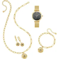 aniston jewelry & watches Adventskalender Kalender 2025 Geschenkset Weihnachten Uhr Halskette Armband Creolen (Set, 7-tlg), Kristallsteine (synth) blau|gelb|goldfarben