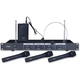 Ibiza - VHF4 - Drahtloses Mikrofonsystem mit 3 VHF-Handmikrofonen, 1 VHF-Kopfbügelmikrofon und 1 Empfänger - 4 Kanäle 202,1, 203,5, 205,8 & 207,5MHz - Schwarz