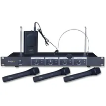 Ibiza - VHF4 - Drahtloses Mikrofonsystem mit 3 VHF-Handmikrofonen, 1 VHF-Kopfbügelmikrofon und 1 Empfänger - 4 Kanäle 202,1, 203,5, 205,8 & 207,5MHz - Schwarz
