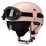Vintage Deutsch Leder Motorrad Halbhelm, ECE-geprüft Männer Frauen Halbschalenhelme mit Schutzbrille und Visier, Retro Offener Schutzhelm für Fahrrad Cruiser Scooter Chopper