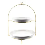Almina 2-stöckige Etagere mit Ständer aus Edelstahl Gold und passende Teller aus Porzellan Rund