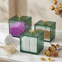 Lucywey 3 Stück Quadratisch Grün Wattestäbchen Halter, Wattestäbchen Behälter 10*8cm, Kosmetik Organizer für Wattestäbchen/Runde Wattepads/Zahnseide/Wattebausch/Make-up Schwämme