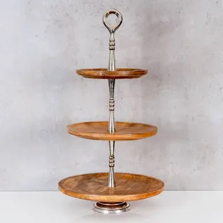 levandeo Holz Etagere 3 Etagen H60cm Mangoholz Metall Servierplatte Kuchenständer Deko - Braun/Silber