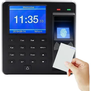 Zeiterfassung für Kleinbetriebe für Büro, Arbeitszeiterfassung Stempeluhr mit 10 RFID Karten, Fingerabdruck/Passwort, 1000 Fingerabdrücke, 25 Sprachen, Kompatibel mit Zutrittskontrollsystemen