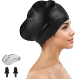 Silikon Badekappe für Langes Haar,Extra Große Badehaube für Damen,Schwimmkappe Herren,Schwimmhaube mit Ohrstöpseln und Nasenclip-Set,Badekappen für Erwachsene,Schwimmmütze für Trockenes Haar