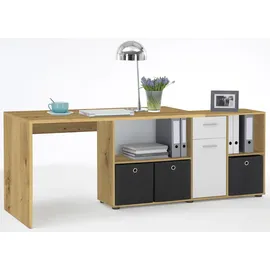 FMD Eckschreibtisch FMD "Lexo", weiß (artisan, oak, weiß), B:136cm H:74cm T:66,5cm, Tische, Eckschreibtisch, Schreibtisch/Sideboard viel Stauraum, beidseitig montierb., 136/205 cm
