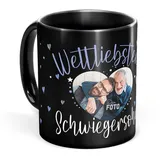 Tassendruck Schwarze Tasse mit Spruch für den weltliebsten Schwiegersohn - Tasse mit Foto selbst gestalten - Geschenk für Schwiegersohn, Fotogeschenk Familie | Schwarze Fototasse, 300 ml