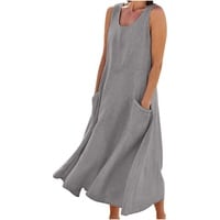 AACH Leinenkleid Damen Sommer Kleid Knielang Freizeitkleid Baumwolle Leinen Strandkleid U-Ausschnitt Sommerkleid Ärmelloses Boho Leinenkleider Einfarbig Strandkleider mit Taschen Kleider - XXL