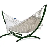 Potenza Outdoor Hängematte mit Gestell für 2 Personen I Baumwolle Doppelhängematte XXL 220x160, 200kg I Hängemattengestell 220kg, wetterfest (Santia-Ecru, Gestell Grün)