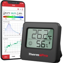 ThermoPro TP357B 80m Bluetooth Hygrometer Innen Thermometer für Innenräume mit APP Mini Luftfeuchtigkeitsmesser mit Smiley-Indikator Datengrafik für Büro, Weinkeller, Gewächshaus Schwarz