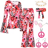 60er 70er Jahre Fasching Damen Hippie Kostüm Kleidung & 70er Jahre Verkleidung Frauen Disco Schlaghose mit Hippie Zubehör 1970er 1960er Hippie Verkleidung für Frauen 70 Stil Damen Fasching Outfit (S)
