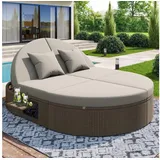 Flieks Gartenliege, Outdoor Rattan Doppelliege mit Klappregal, einstellbarer Rückenlehne grau