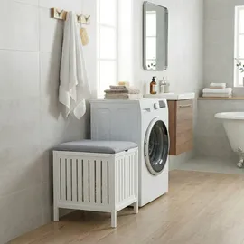 Relaxdays Wäschekorb zum Sitzen, Walnussholz weiß/grau