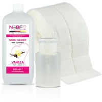NAILS FACTORY Nagel Cleaner Set mit Duft 500ml + Dispenser Pumpflasche Weiss 150ml + 1000 Zelletten Cellulose Pads (2 Rollen à 500 Stück) - 70% Isopropanol-Alkohol – für Gelnägel – (Vanille)
