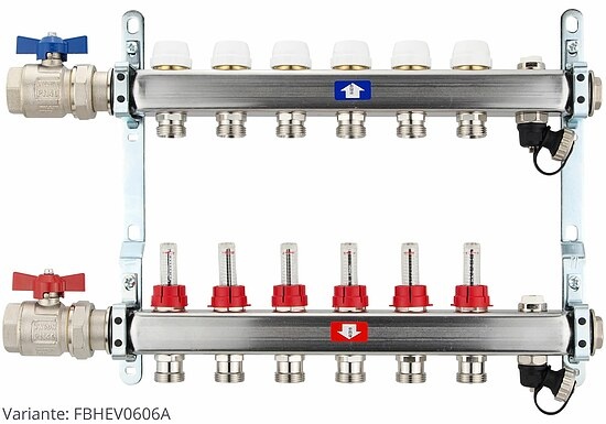 Fußbodenheizungsverteiler aus Edelstahl mit Topmeter für 6 Heizkreise - mit Anschlussset waagrecht