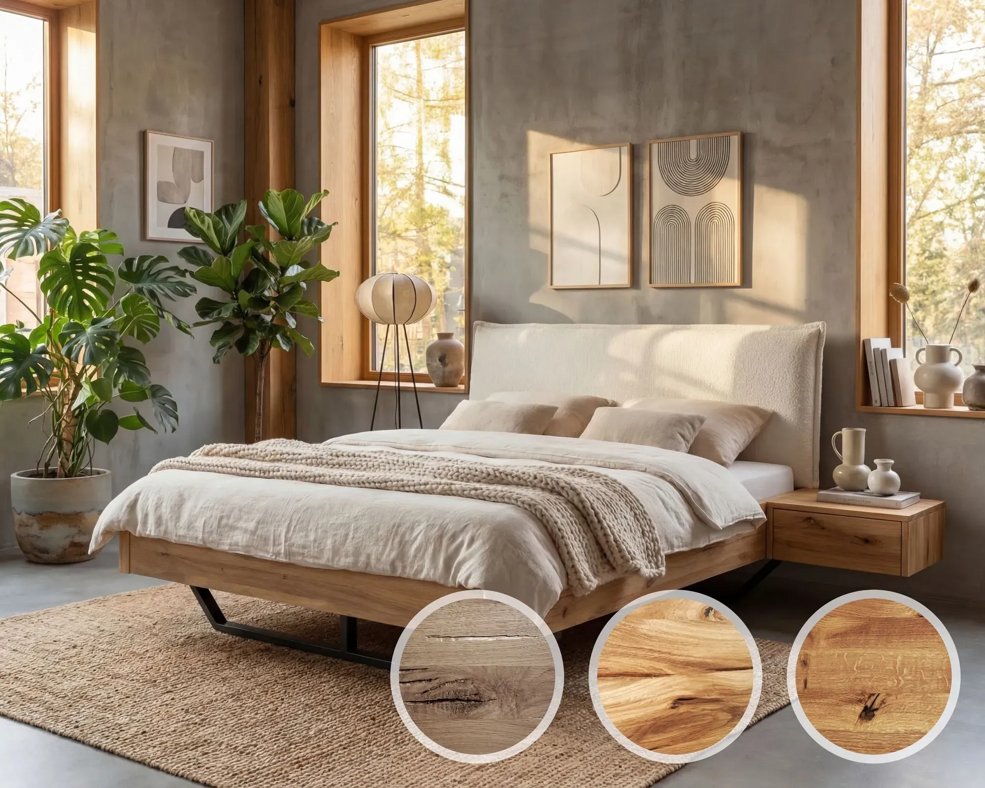 BlackWood »Nova Vita Contour II« Wildeiche Massivholzbett 140x200 cm / Wildeiche stone / Boucle Anthrazit