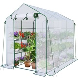 VOUNOT Gewächshaus Foliengewächshaus, begehbares Gartenhäuschen mit 12 Regalebenen, Tomatenhaus Tomatengewächshaus, Weiß 143x215x195cm