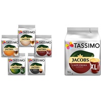 Tassimo Kapseln, Probierbox mit 5 Sorten für 64 Getränke, 5er Vielfaltspaket & Kapseln Jacobs Caffè Crema Classico XL, 80 Kaffeekapseln, 5er Pack, 5 x 16 Getränke