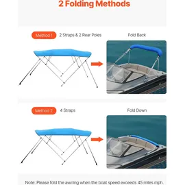 Vevor Bimini Top Bootsabdeckung Sonnenverdeck (4 Bögen) aus 600D Polyester mit Rahmen aus Aluminiumlegierung, wasserdichte Sonnenschutz-Bootsmarkise mit Aufbewahrungstasche, 185-198 cm (B) Blau
