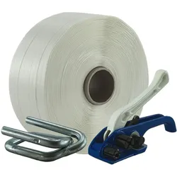 KK Verpackungen 25 mm Textil Polyester Umreifung Set Umreifungsband Bandspanner Metallklemmen