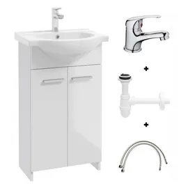 Badezimmerschrank mit Waschbecken 85x50 weiß stehend Marlena mit Chrom-Kompaktar