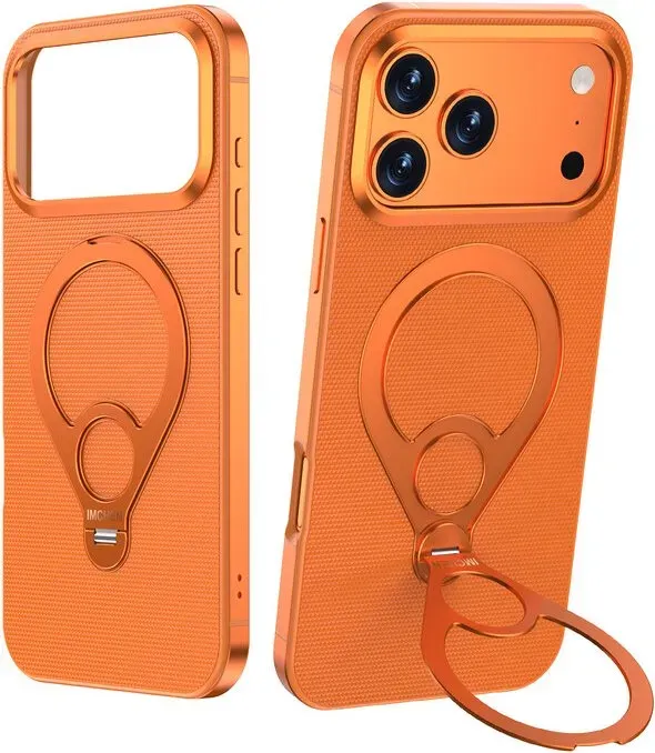 IM-CHEN iPhone 17 Pro Max Hülle, Metallrahmen, 360° drehbarer Metallständer, Premium-Leder-Ringhalter, Anti-Sturz, Orange, 1 Stück