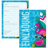younikat 12 Einladungskarten Poolparty I DIN A6 Querformat I Surfbrett/Flamingo Pool Design I Sommer Beach Party I 350g/m2 I Kindergeburtstag I you0133