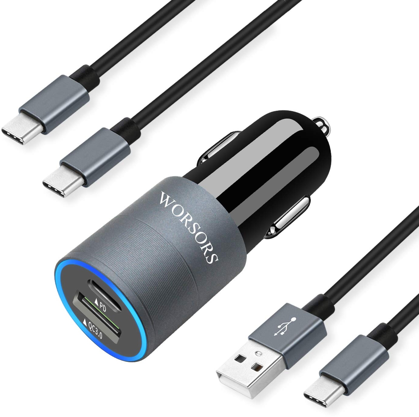 Upgraded Super Fast Car Charger, Worsors USB C 25W PPS PD & 18W QC3.0 Power Adapter Compatible for Samsung Galaxy S21 Ultra/Plus/S20/S10 Lite, Note 20/10, A71/A51 5G, Fold 2 + 2Pack 3.3ft Type C Cable