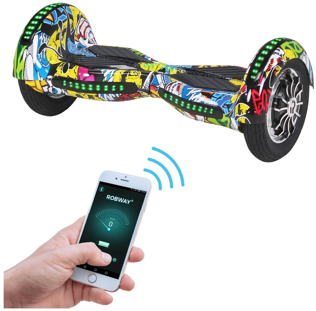 ROBWAY W3 Hoverboard für Erwachsene und Kinder, 10 Zoll Self-Balance-Scooter, Bluetooth, App, 800 Watt (Gelb Graffiti)