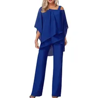 Damen Hosenanzüge Elegant Hochzeit Gäste Hosenanzug 2-teiliges Chiffon Formelles Outfit Übergröße Abschlussball Abend Zweiteiliger Hosenanzug Mutter der Braut Hosenanzug, #02 Blau, XXL - XXL