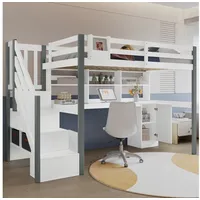Flieks Hochbett Kinderbett 90x200cm mit Schreibtisch, Regal und Stauraumtreppe weiß
